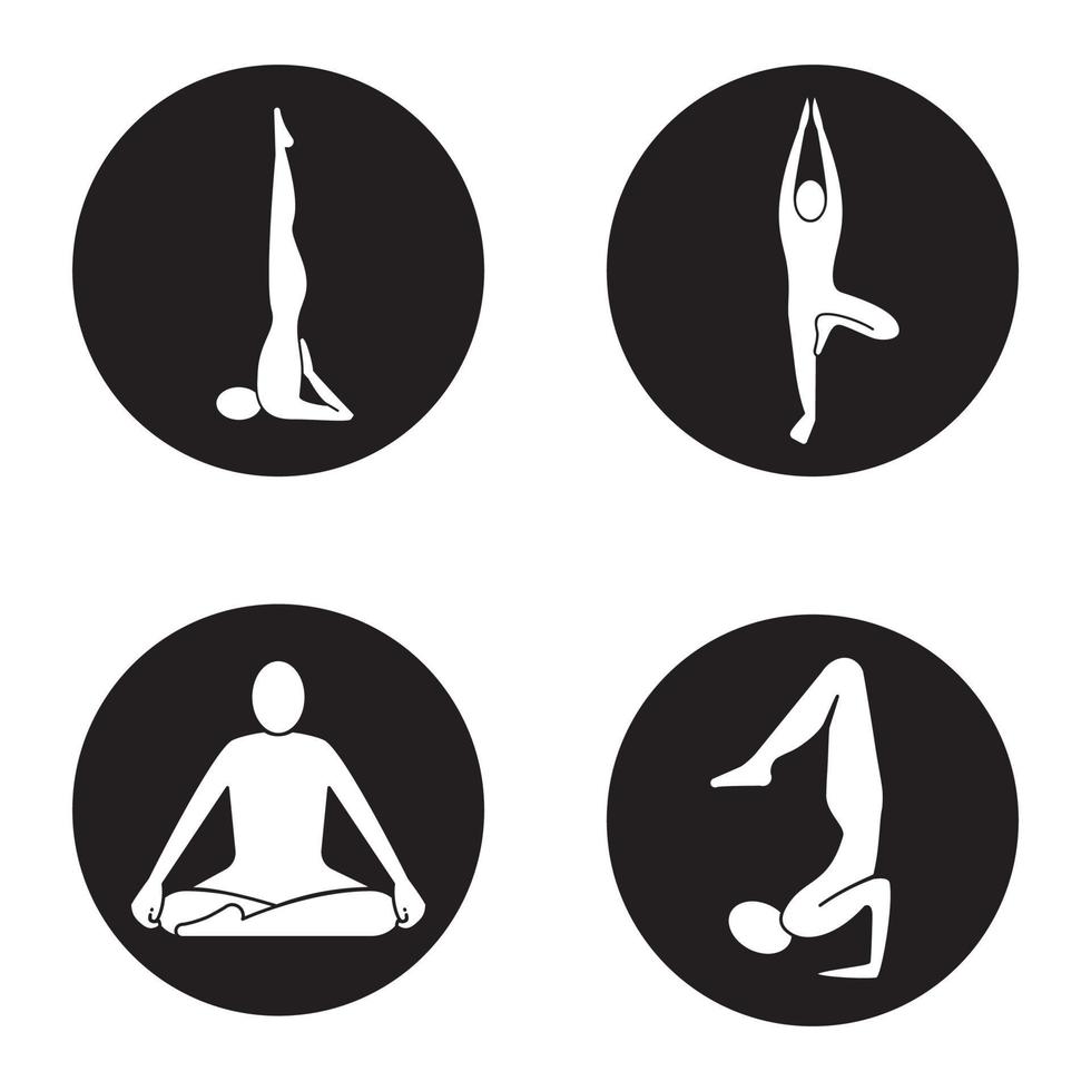 conjunto de ícones de asanas de ioga. posições de ioga sarvangasana, vrikshasana, siddhasana, vrishchikasana. Ilustrações de silhuetas brancas em círculos pretos vetor