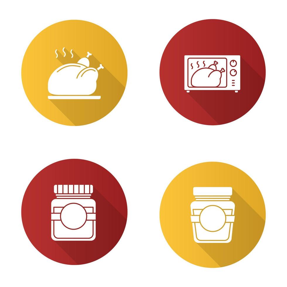 alimentos design plano conjunto de ícones de glifo de sombra longa. frango frito, cozinhando em forno de microondas, potes de vidro vazios. ilustração da silhueta do vetor