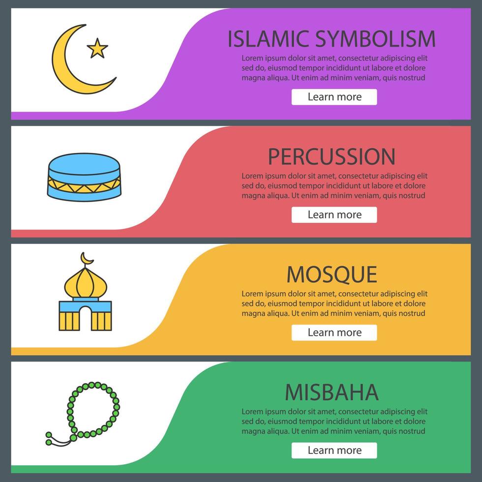 Conjunto de modelos de banner da web de cultura islâmica. lua crescente e estrela, mesquita, misbaha, daf. itens de menu de cores do site. conceitos de design de cabeçalhos de vetor