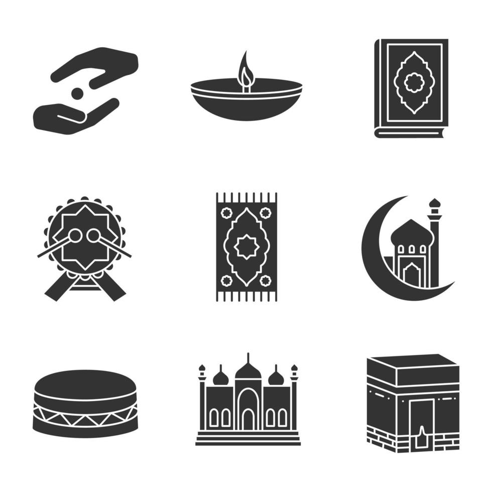 Conjunto de ícones de glifo da cultura islâmica. zakat, lamparina a óleo, livro do Alcorão, daf, tapete de oração, mesquita e lua crescente, Kaaba. símbolos de silhueta. ilustração isolada do vetor