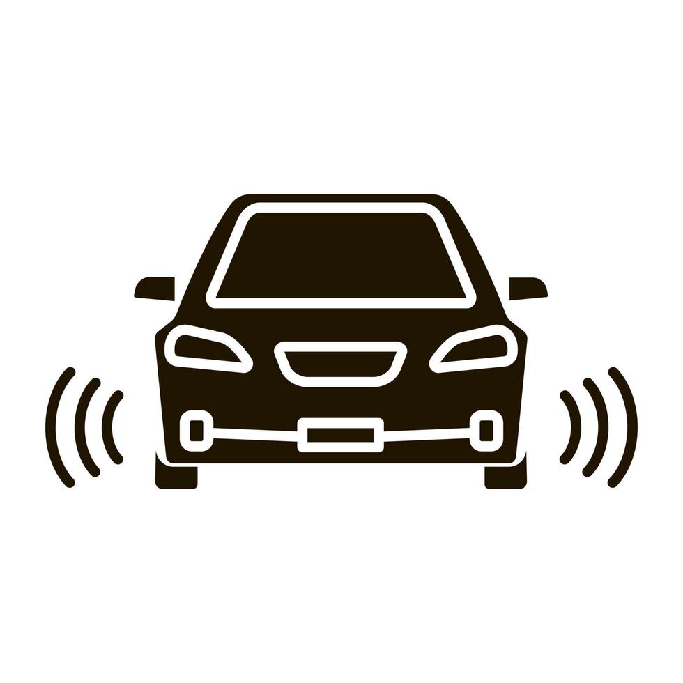 carro inteligente no ícone de glifo de vista frontal. automóvel com direção automática. carro autônomo. veículo sem motorista. nfc auto com sensores de radar. símbolo da silhueta. espaço negativo. ilustração isolada do vetor