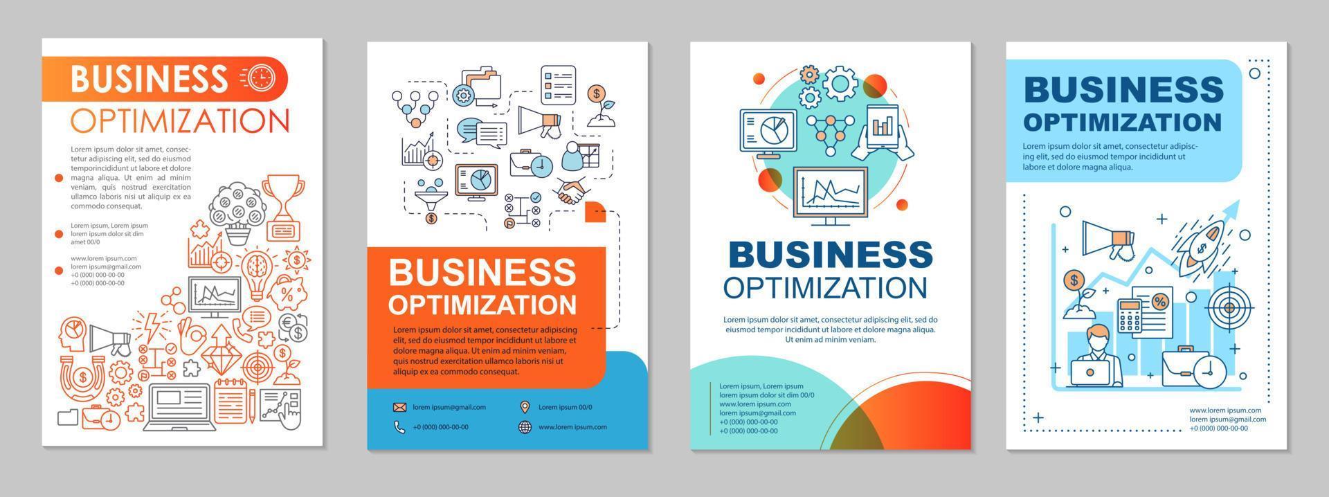 layout de modelo de folheto de otimização de negócios. estratégia de marketing. folheto, livreto, design de impressão de folheto com ícones lineares. comece. layouts de vetor para revistas, relatórios anuais, cartazes publicitários