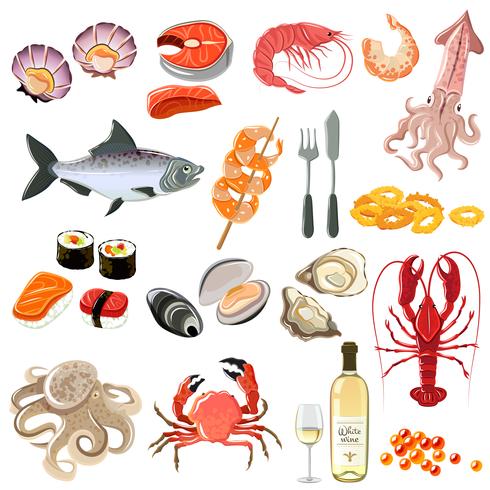 Conjunto de ícones de frutos do mar vetor