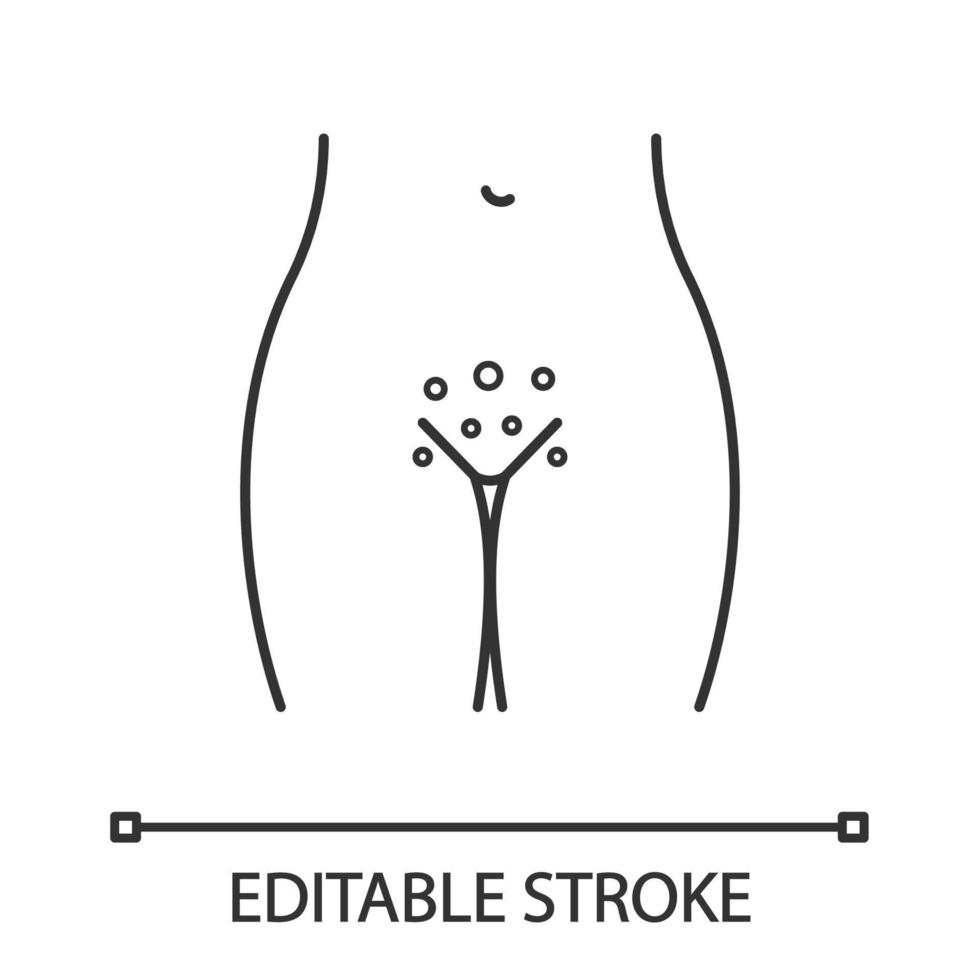 ícone linear de erupção genital. coceira vaginal. ilustração de linha fina. doença venérea. infecção ginecológica. dermatite genital, feridas. desenho de contorno isolado do vetor. curso editável vetor