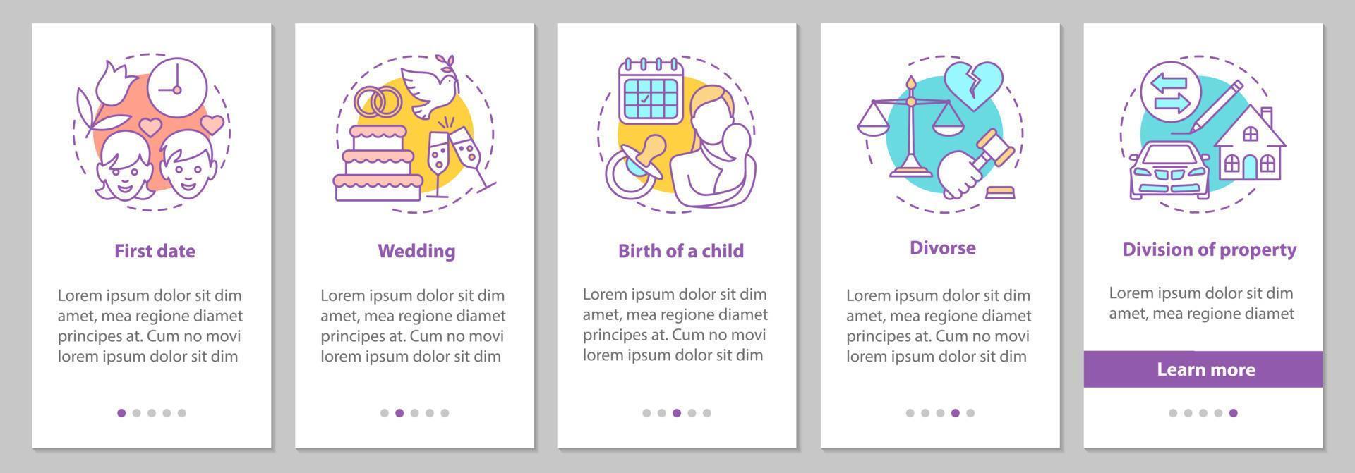 tela de página de aplicativo móvel de integração de desenvolvimento de relacionamentos com conceito linear. primeiro encontro, casamento, nascimento de filho, divórcio instruções gráficas. modelo de vetor ux, ui, gui com ilustrações