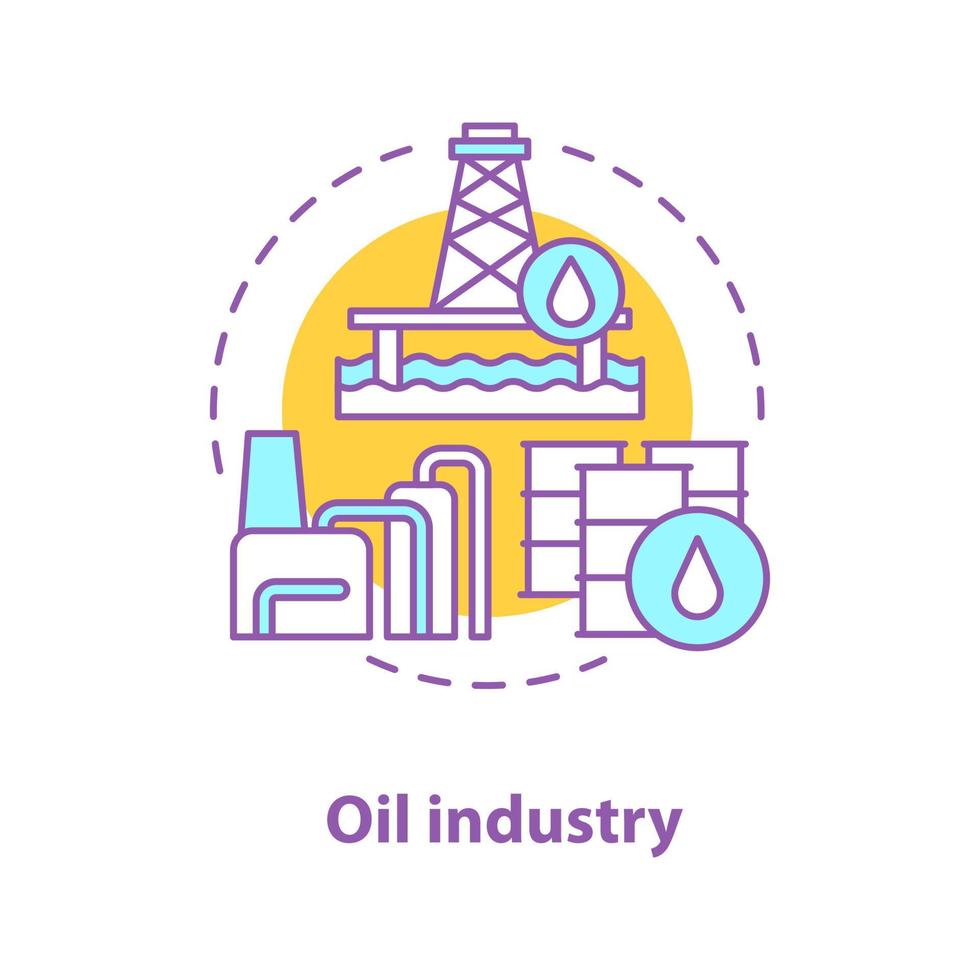 ícone do conceito de indústria de petróleo. ilustração de linha fina de ideia de produção de petróleo. poço marítimo offshore, barris de petróleo, planta industrial. desenho de contorno isolado de vetor