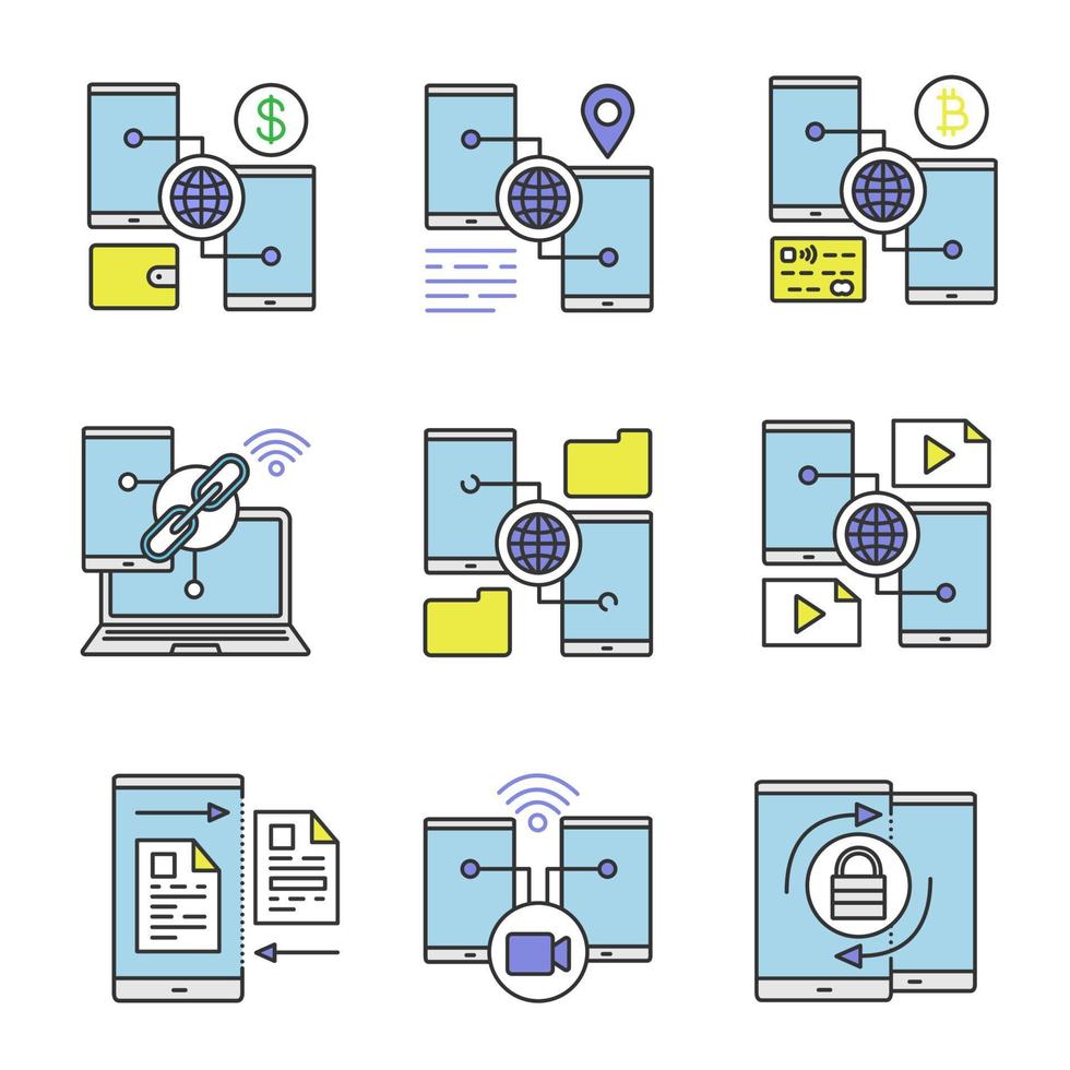 conjunto de ícones de cores do smartphone. carteiras de dólar e bitcoin, navegação gps, link, compartilhamento de conteúdo, upload de arquivo, mensagem de vídeo, senha. ilustrações vetoriais isoladas vetor