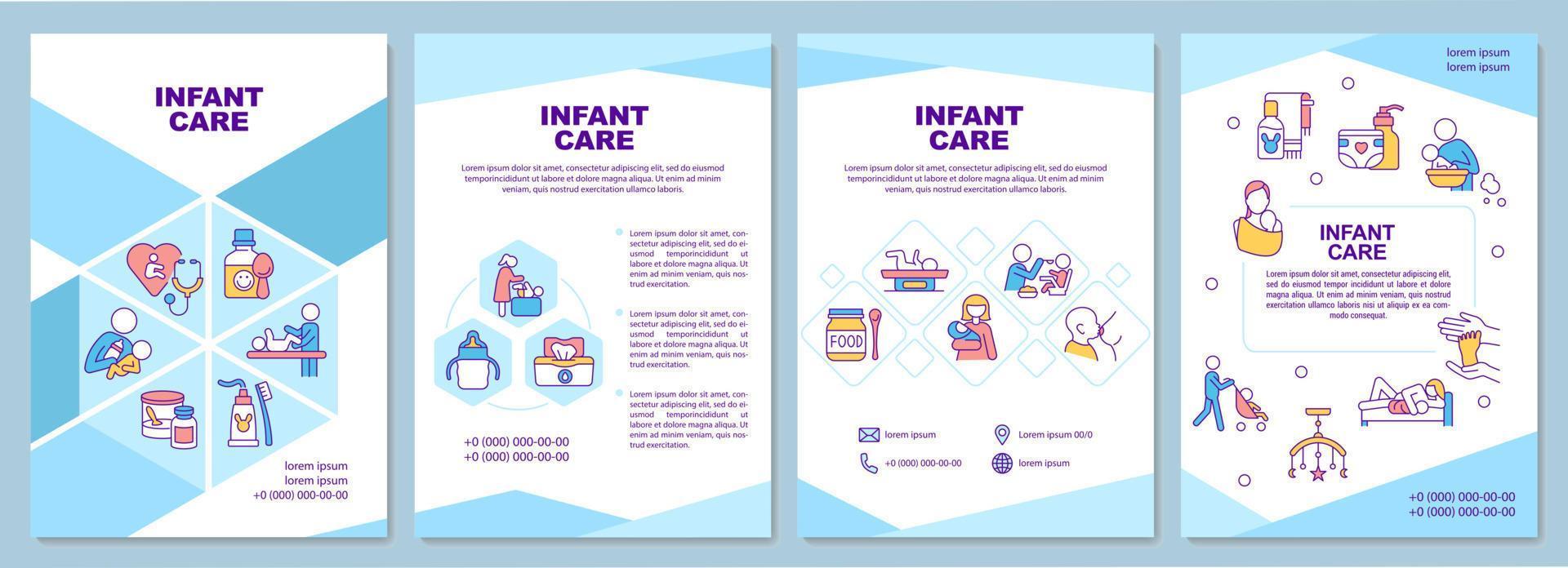 modelo de folheto de cuidados infantis. cuidados de saúde do bebê. troca de fraldas. folheto, livreto, impressão de folheto, design da capa com ícones lineares. layouts de vetor para apresentação, relatórios anuais, páginas de anúncios