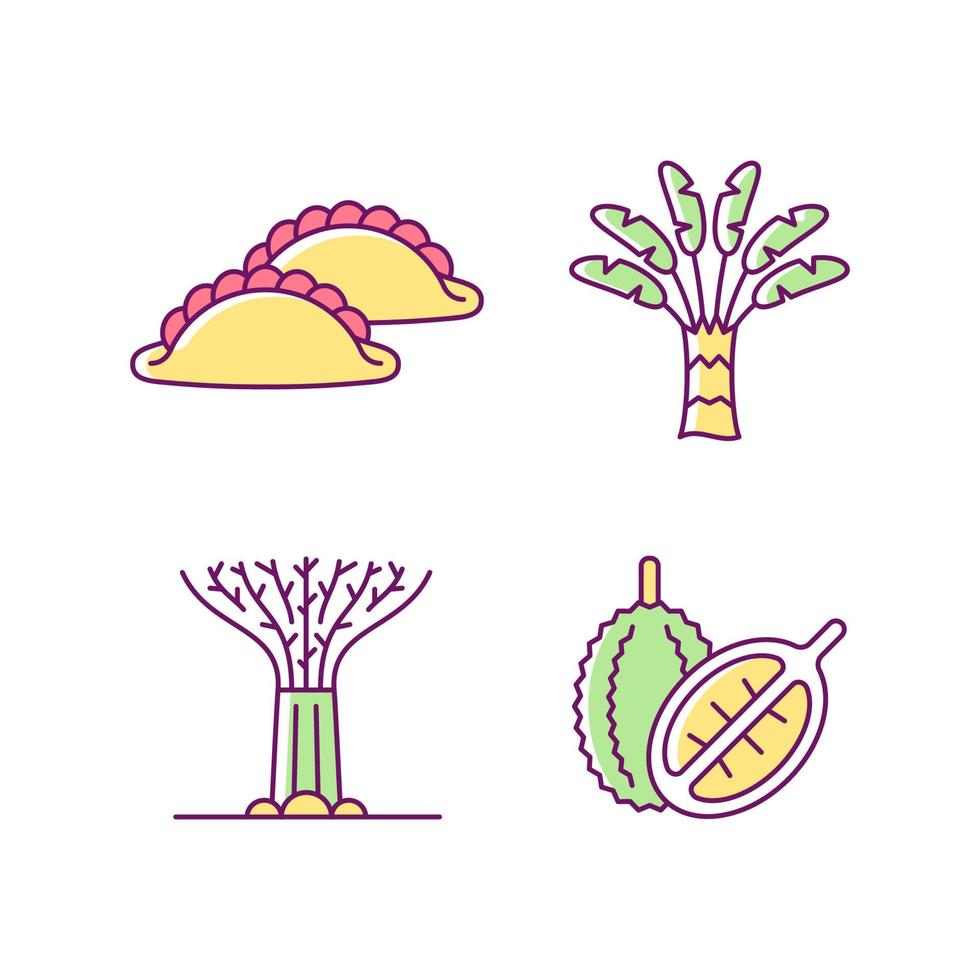 plantas no conjunto de ícones de cores rgb de Singapura. palma do viajante. supertree grove. curry puff. cozinha de Singapura. fruta tropical durian. ilustrações vetoriais isoladas. coleção de desenhos de linhas simples preenchidos vetor