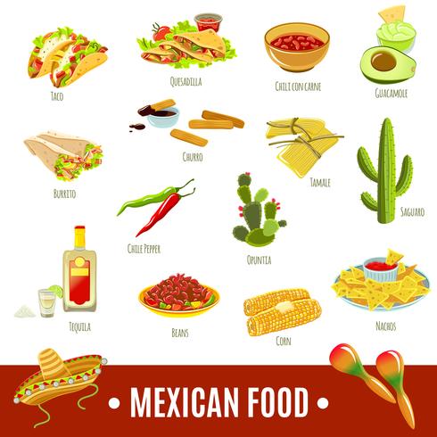 Conjunto de ícones de comida mexicana vetor