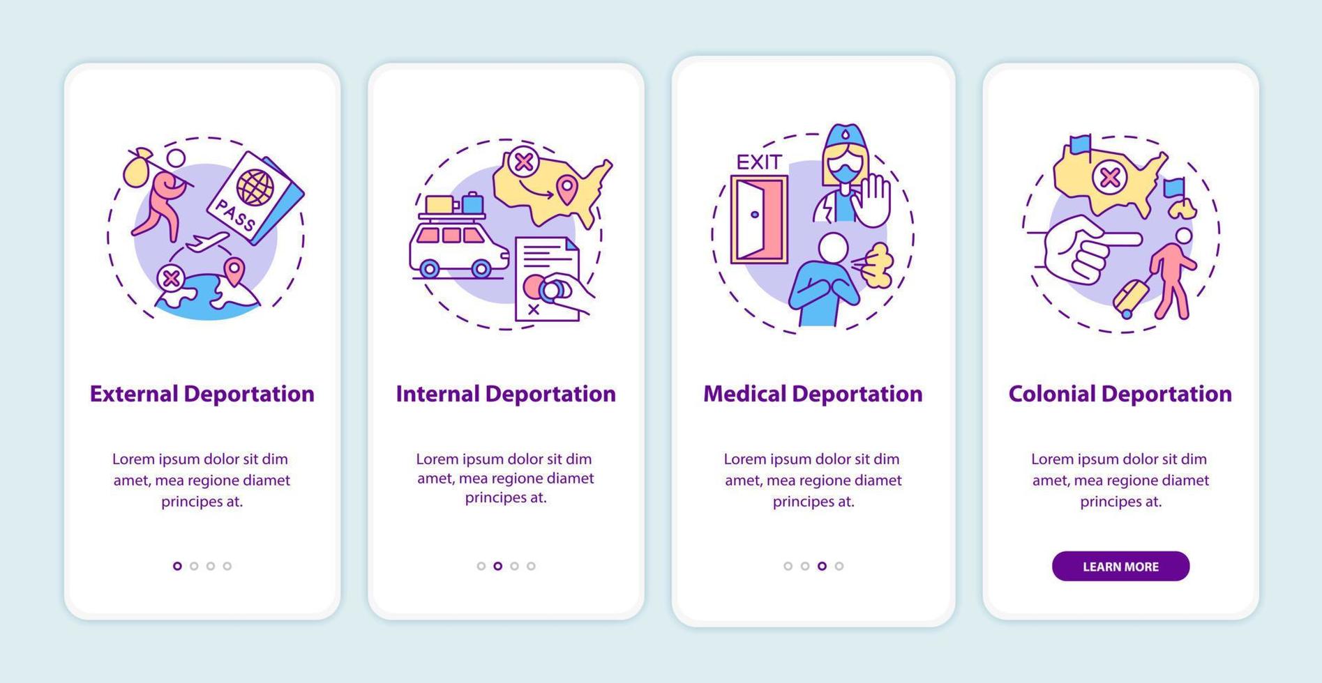 tipos de deportação na tela da página do aplicativo móvel. problemas de imigração passo a passo 4 etapas instruções gráficas com conceitos. modelo de vetor ui, ux, gui com ilustrações coloridas lineares