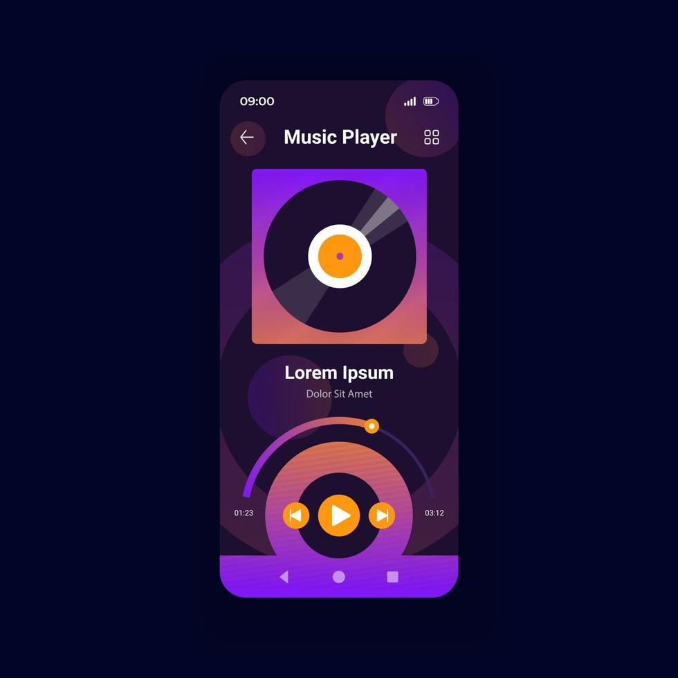 modelo de vetor de interface de smartphone escuro de player de música. layout de design da página do aplicativo móvel. tocando música do álbum online. lista de reprodução de streaming. tela multimídia. interface do usuário plana para aplicação. display do telefone