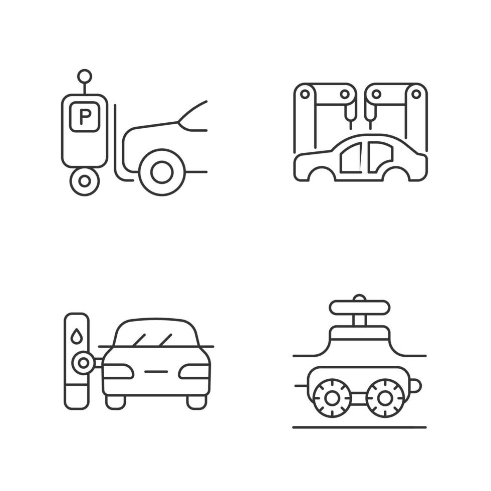 automação no conjunto de ícones lineares da indústria automobilística. empilhadeira autônoma. montagem do corpo do carro. símbolos personalizáveis de contorno de linha fina. ilustrações isoladas de contorno vetorial. curso editável vetor