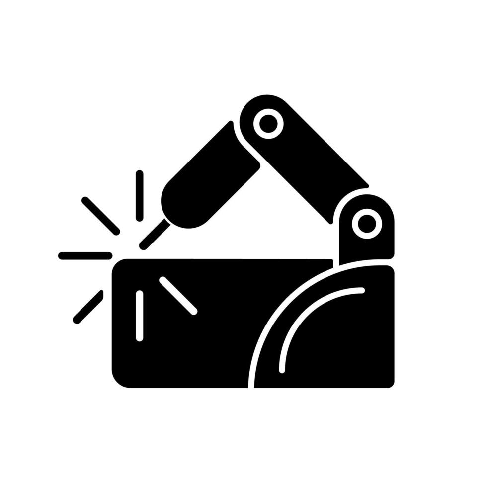 ícone de glifo preto de robótica de soldagem. aplicação robótica no setor de manufatura. melhorar o ambiente de trabalho. automação de fábrica. símbolo da silhueta no espaço em branco. ilustração isolada do vetor