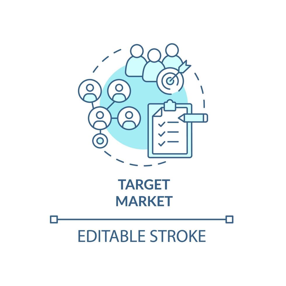 ícone do conceito azul do mercado-alvo. identificar segmento de clientes potenciais. clientes da empresa. ilustração de linha fina de ideia abstrata de modelo de negócios. desenho de cor de contorno isolado vetor. curso editável vetor