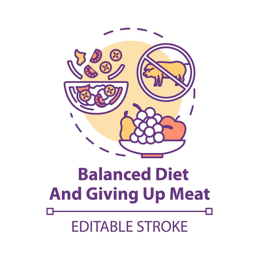 dieta equilibrada e desistindo do ícone do conceito de carne. nenhum alimento animal. dieta nutritiva. refeição orgânica. ilustração de linha fina de ideia vegana. desenho de cor rgb de contorno isolado de vetor. curso editável vetor