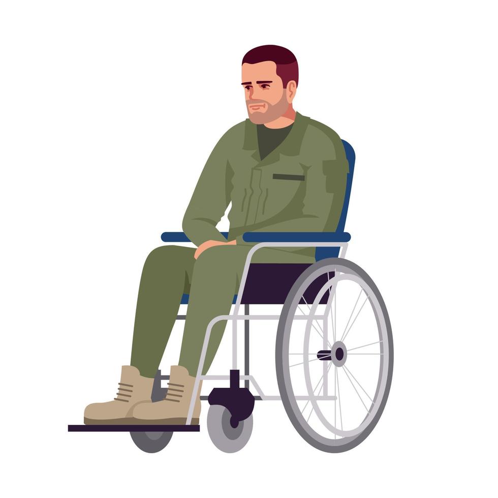 homem em cadeira de rodas ilustração vetorial de cor semi plana rgb. ex-militares. pessoa com deficiência. período de recuperação. reabilitação. consulta de psicologia. veterano de guerra. personagem de desenho animado isolado em branco vetor