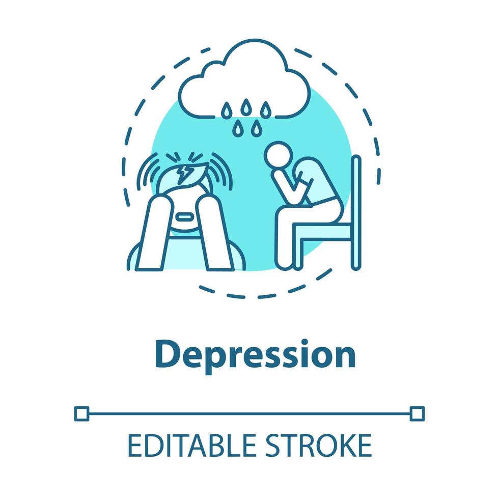 ícone do conceito de depressão. solidão. tristeza. transtorno depressivo maior. doença mental. psicologia, ilustração de linha fina de ideia de psiquiatria. desenho de cor rgb de contorno isolado de vetor. curso editável vetor