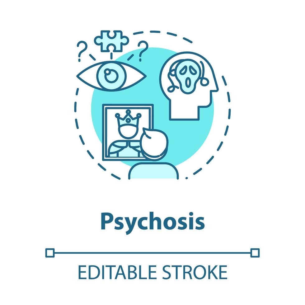 ícone do conceito de psicose. transtorno psíquico. psicopatia, insanidade. medo incontrolável, depressão. ilustração de linha fina de ideia de doença mental. desenho de cor rgb de contorno isolado de vetor. curso editável vetor