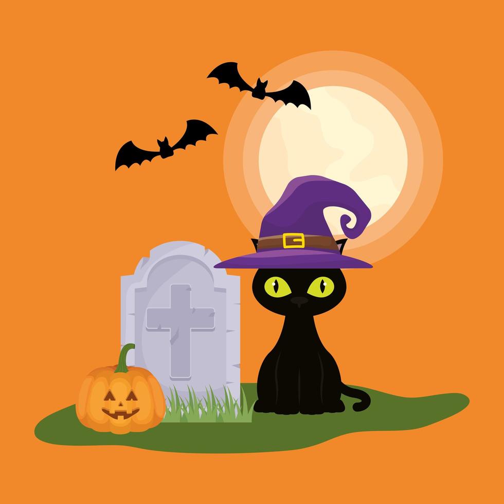 cena escura de halloween com gato no cemitério vetor