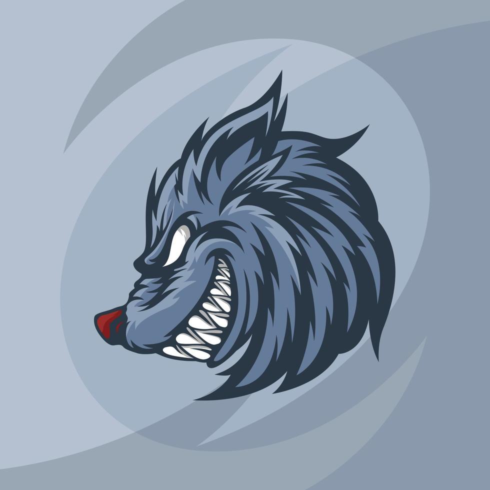sorrindo mascote cabeça de lobo azul, esta imagem legal é adequada para logotipos de equipes de esportes ou para comunidades de esportes radicais, como skate etc., também adequada para designs de camisetas ou mercadorias vetor
