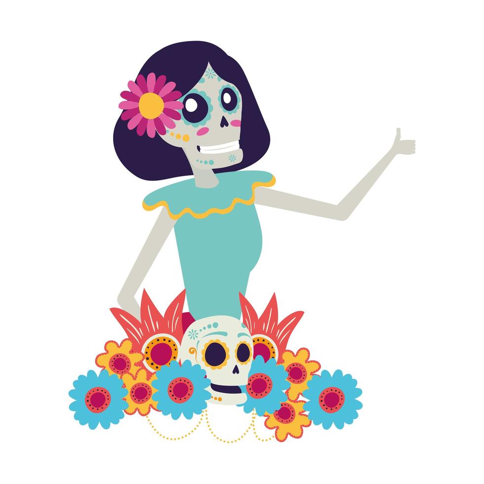 crânio katrina com personagem de quadrinhos de decoração floral de cabelo vetor