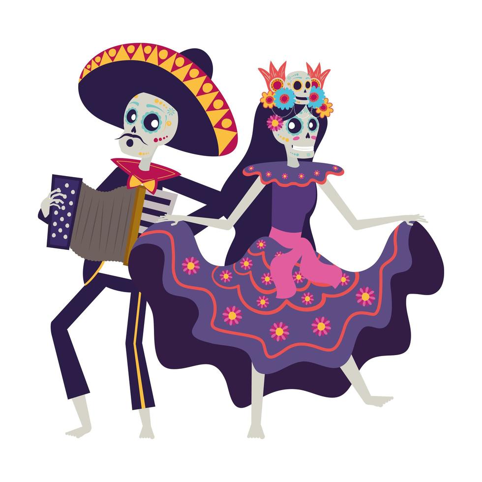 catrina e mariachi tocando acordeão personagens de casal vetor