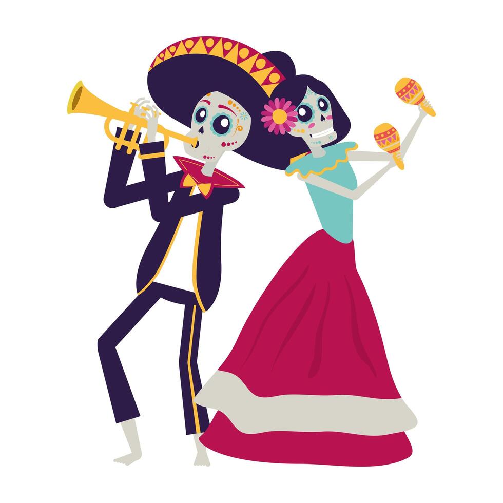 catrina e mariachi tocando personagens de trompete vetor