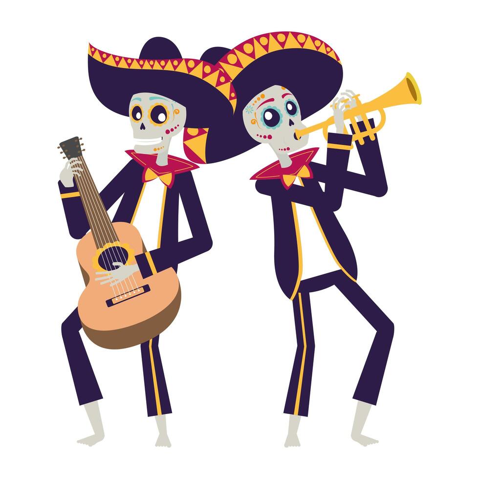 caveiras de mariachis mexicanas tocando violão e trompete vetor