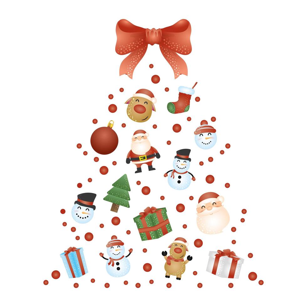 cartão de feliz natal com padrão de personagens em formato de árvore vetor