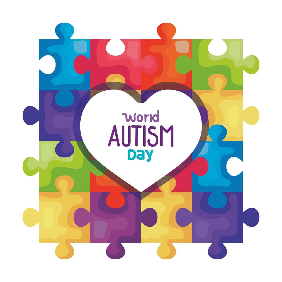 dia mundial do autismo com coração e peças de quebra-cabeça vetor