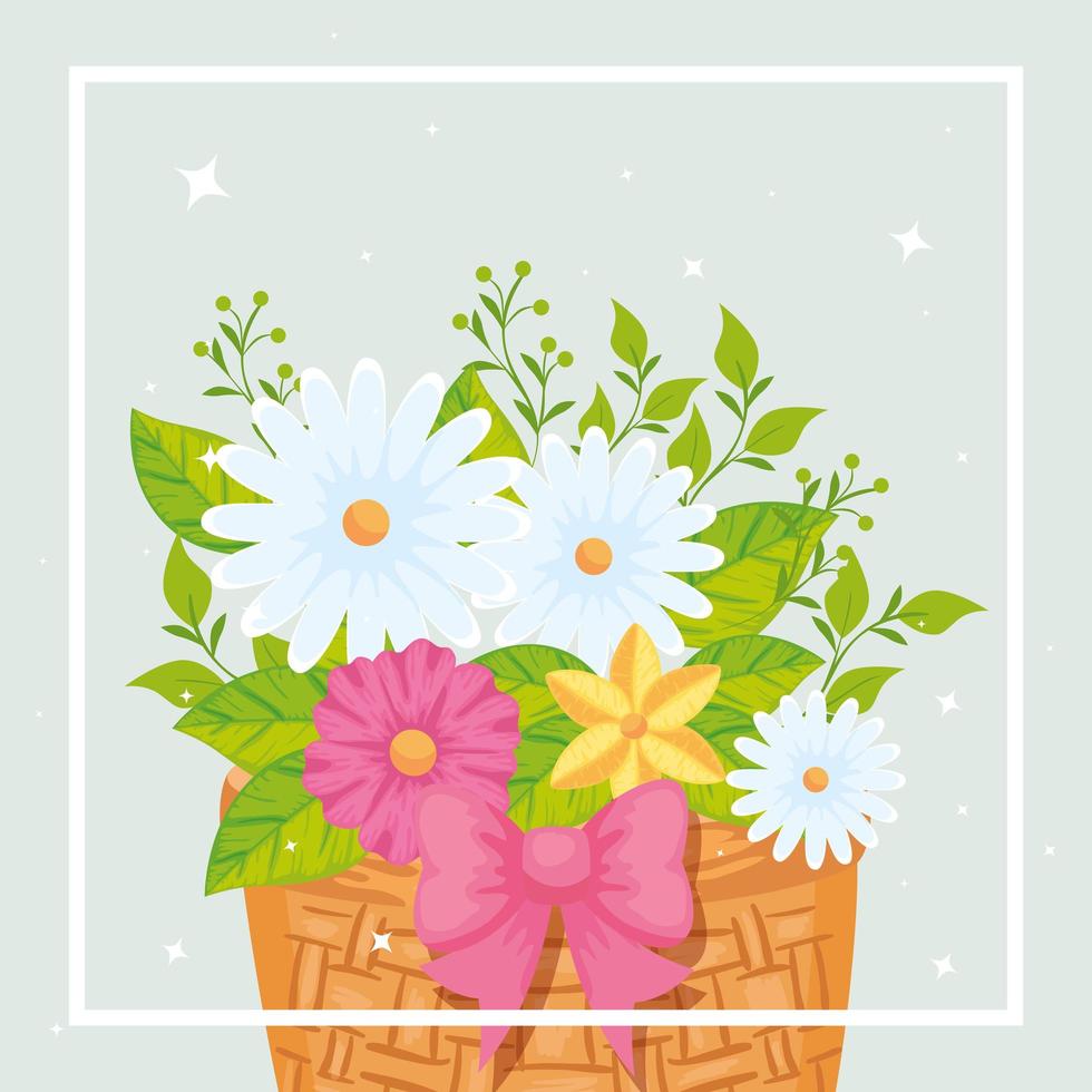 flores fofas com folhas em uma cesta de vime vetor