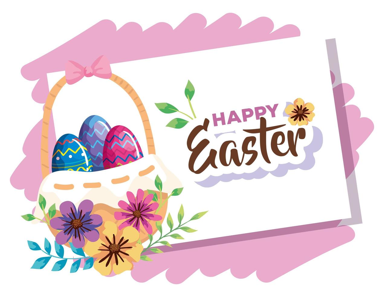 cartão de feliz páscoa com ovos decorados com cesta de vime vetor