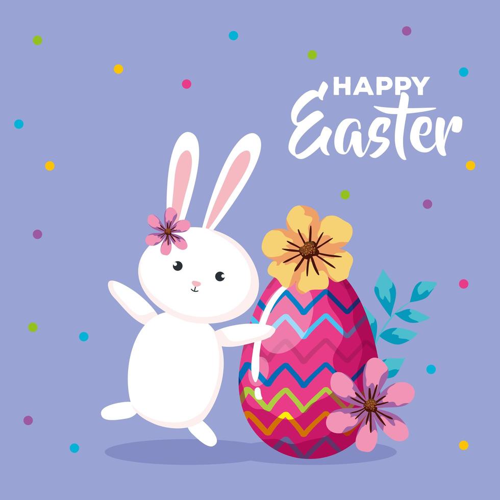 cartão de feliz páscoa com ovo decorado e coelho vetor