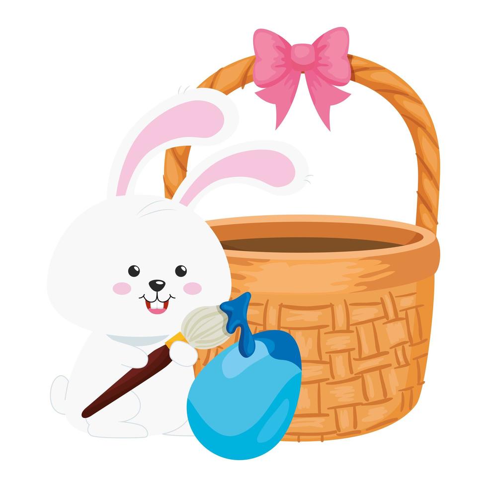coelho e ovo fofo de páscoa decorado com cesta de vime vetor