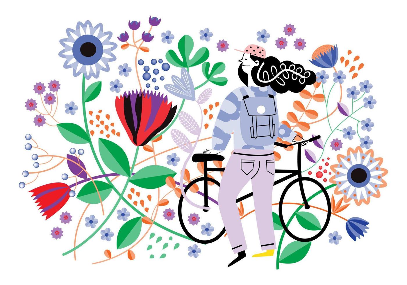 menina com bicicleta no jardim de flores vetor