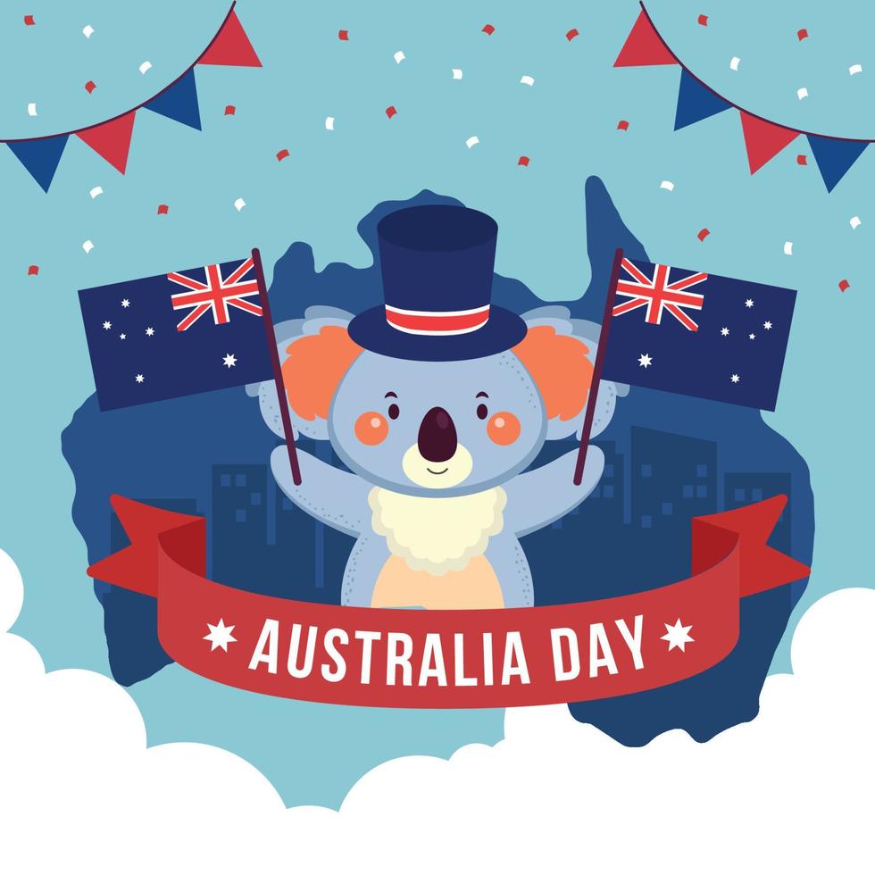 Coala bonitinho acenando a bandeira australiana cercada por confetes vetor