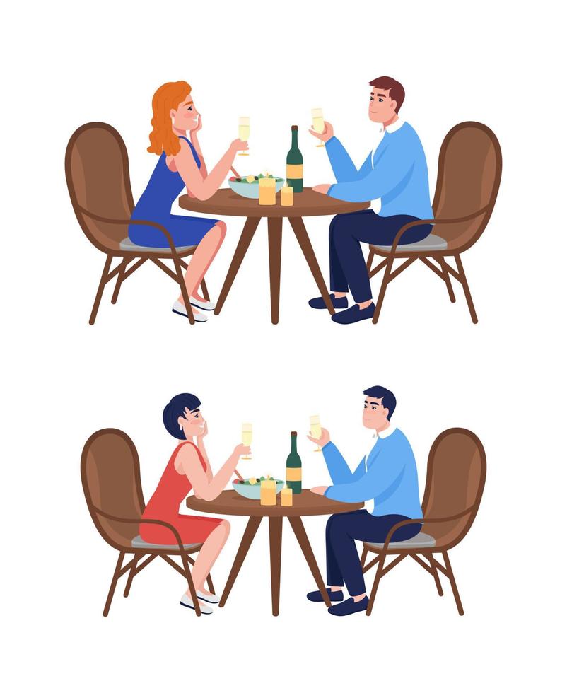 casal no jantar conjunto de caracteres de vetor de cor semi plana. figuras sentadas. pessoas de corpo inteiro em branco. romance isolado ilustração de estilo de desenho animado moderno para coleção de design gráfico e animação