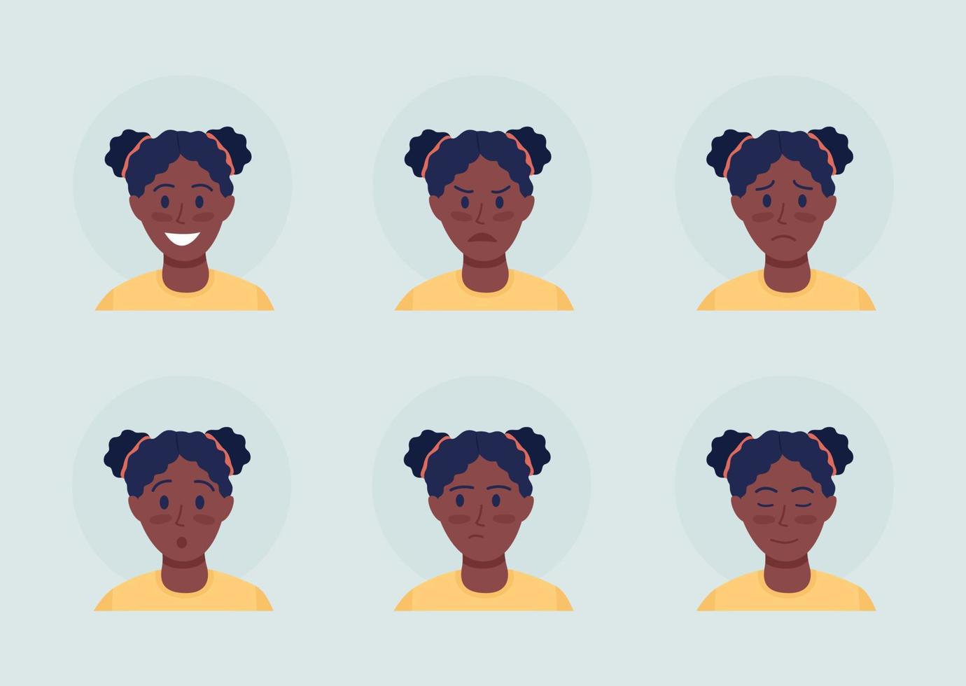 menina com conjunto de avatar de personagem de vetor de cor semi-plana de expressões emocionais. retrato da vista frontal. ilustração de estilo cartoon moderno isolado para design gráfico e pacote de animação