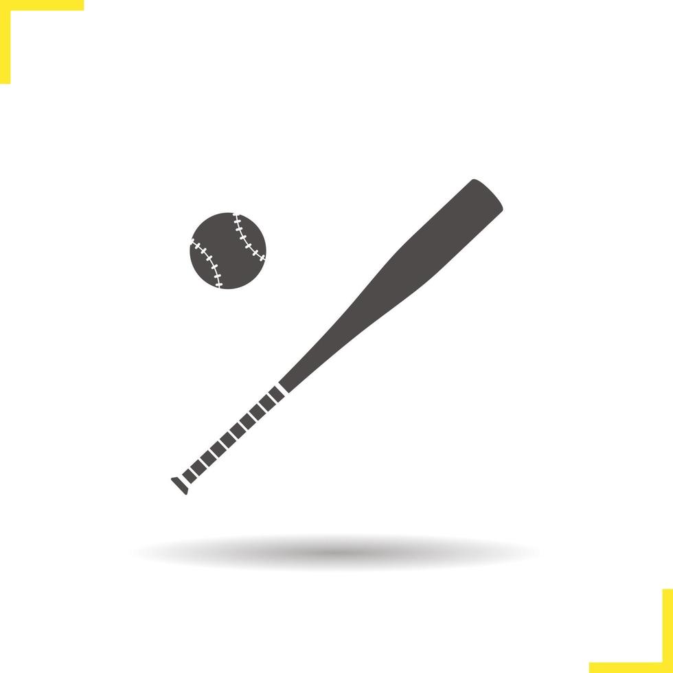 ícone de taco de beisebol e bola. drop shadow softball silhouette symbol. equipamento para jogadores de beisebol. ilustração isolada do vetor