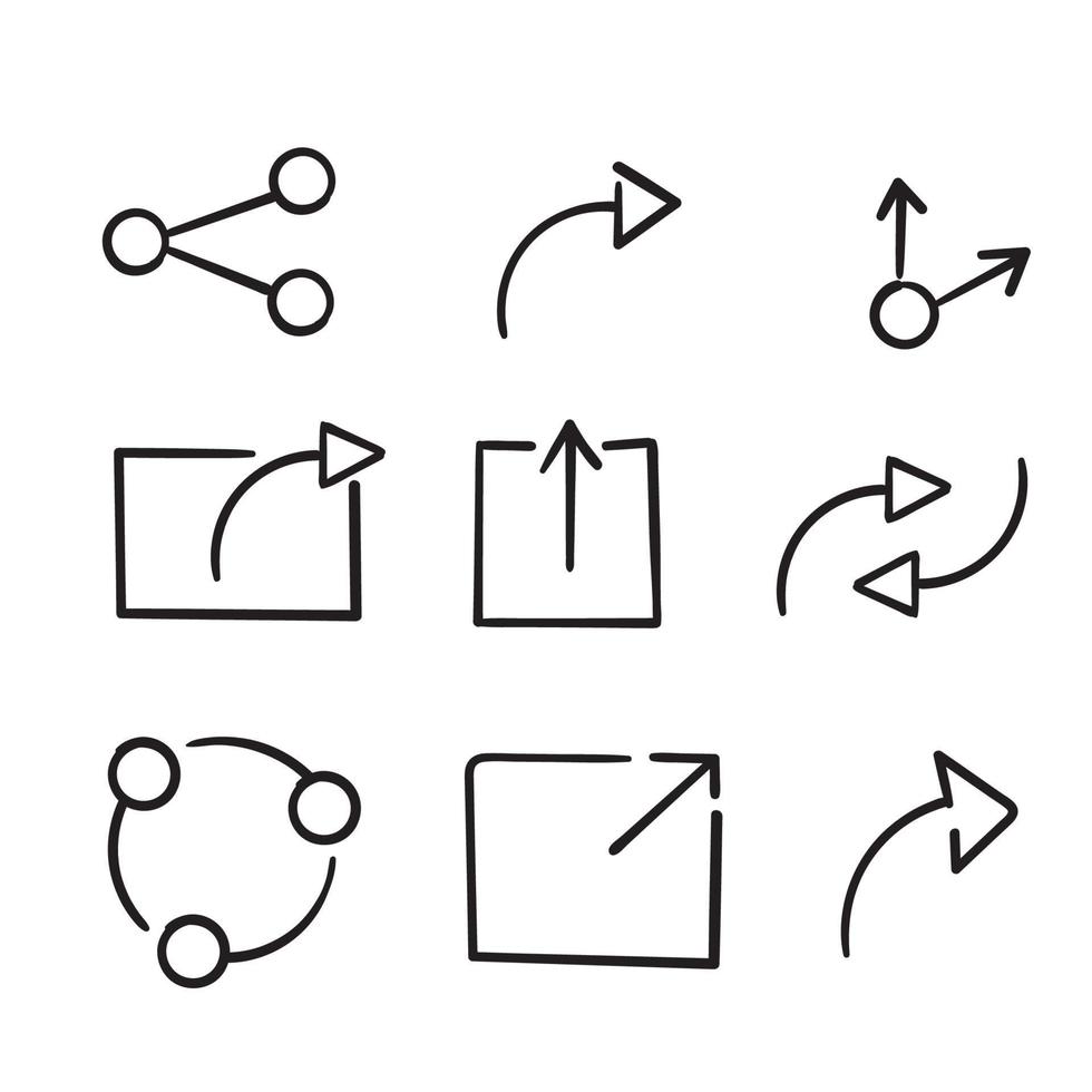 conjunto de ícone de compartilhamento em estilo doodle desenhado à mão vetor