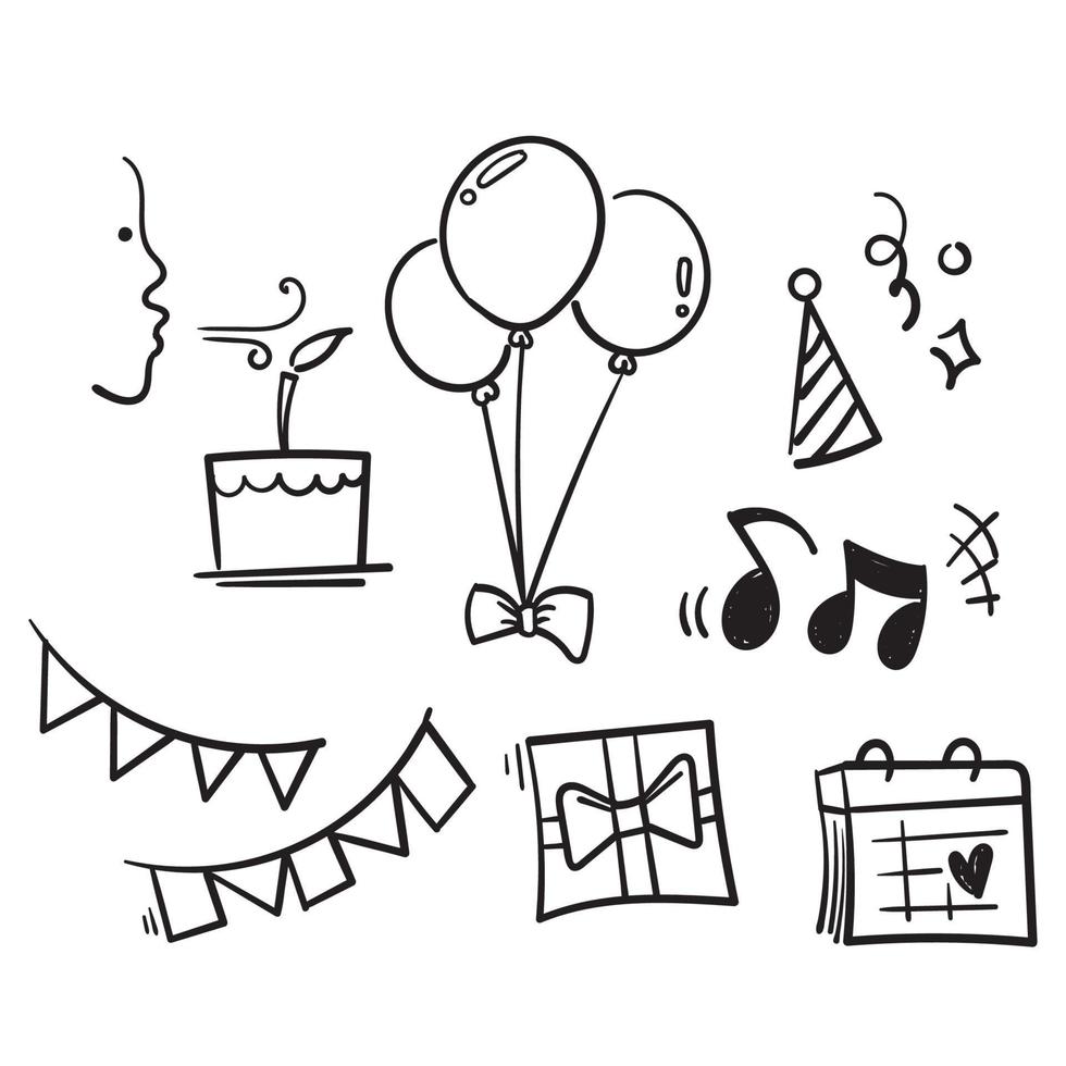 ícone de linha de feliz aniversário desenhado à mão definido em vetor de estilo doodle isolado