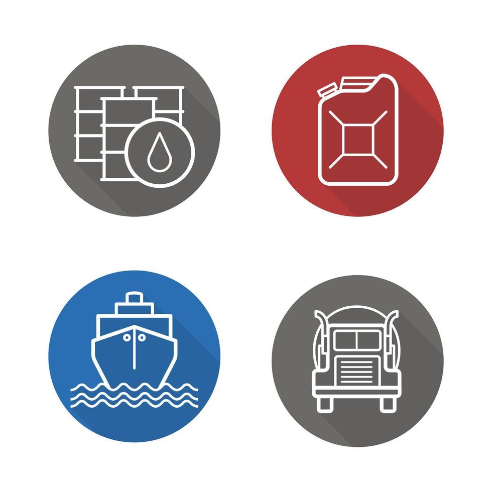 conjunto de ícones de sombra longa plana linear da indústria de petróleo. barris e galões de gasolina, navio de carga e caminhão de transporte de petróleo. vetor