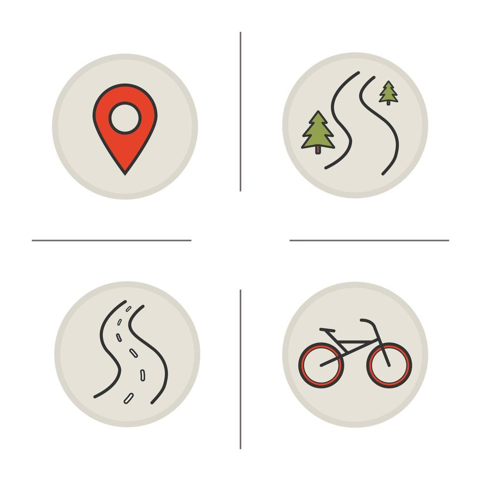 conjunto de ícones de cores de viagem de bicicleta. apontar, estrada florestal, rodovia e bicicleta. ilustrações isoladas de vetor