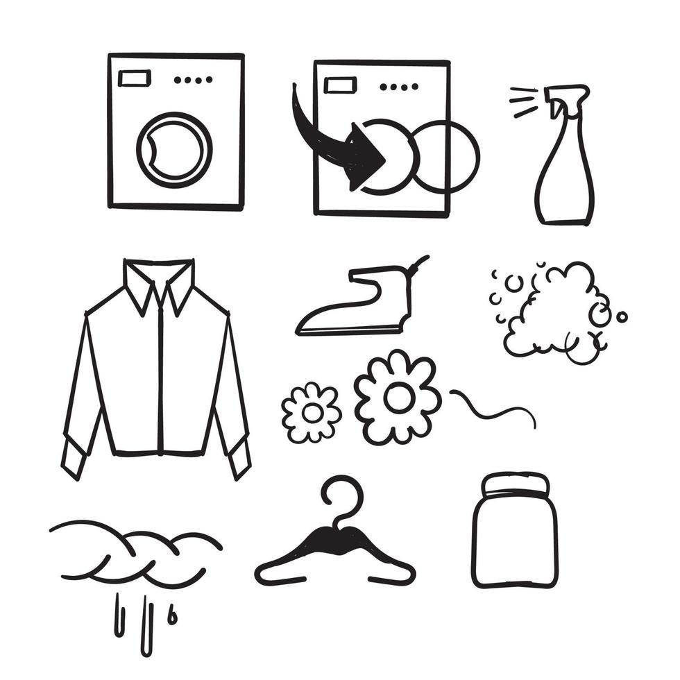 mão desenhado conjunto simples de ícones de linha do vetor relacionados à lavanderia. com estilo de desenho doodle isolado