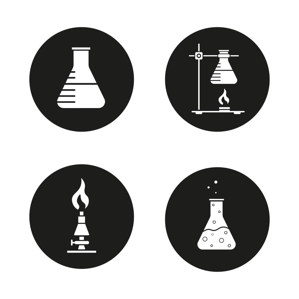 conjunto de ícones de laboratório químico. copo, suporte de anel com frasco, queimador de lan e reação química. Ilustrações brancas em círculos pretos vetor
