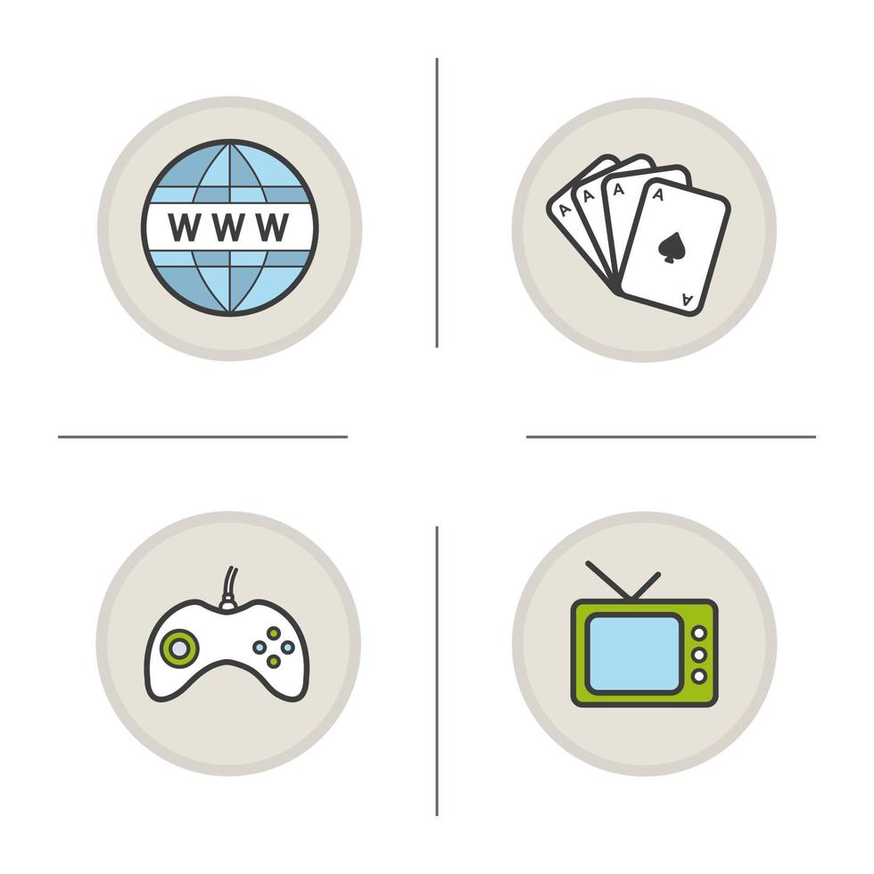 conjunto de ícones de cores de maus hábitos. internet, baralho de cartas, gamepad e tv. vícios. ilustrações isoladas de vetor
