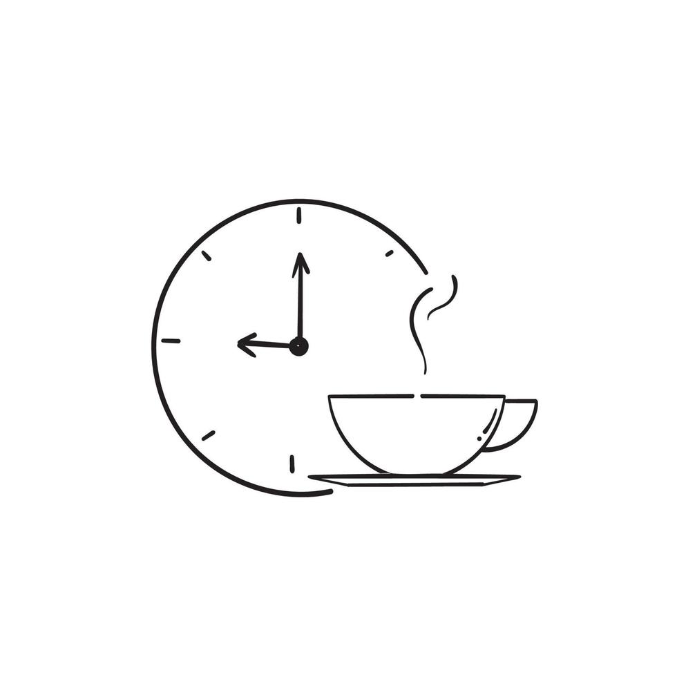 mão desenhada símbolo para o ícone da hora do café, sinal da hora do chá. isolado em estilo doodle vetor