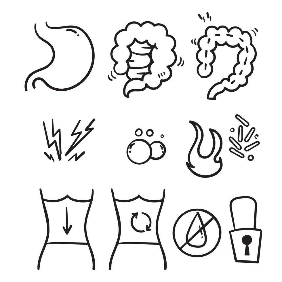 mão desenhada sintomas de ícones de linha plana de doença abdominal definidos em vetor de estilo doodle isolado