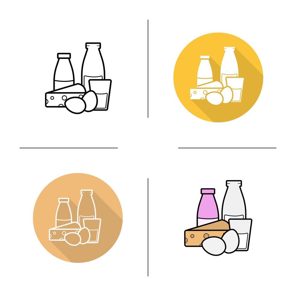 ícone de produtos lácteos. design plano, estilos lineares e de cores. garrafa e copo de leite, queijo e ovos. ilustrações vetoriais isoladas de produtos lácteos vetor